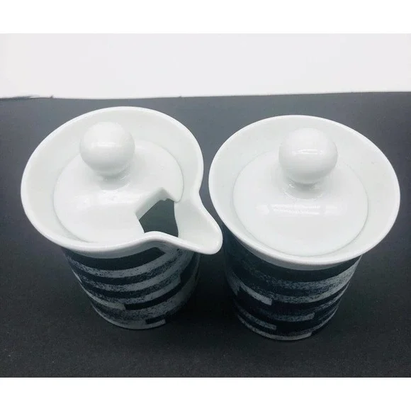 DANSK Radia INDIGO Sugar & Creamer With Lids 2 Mugs Cups Blue White Coffee A1 - Picture 3 of 8